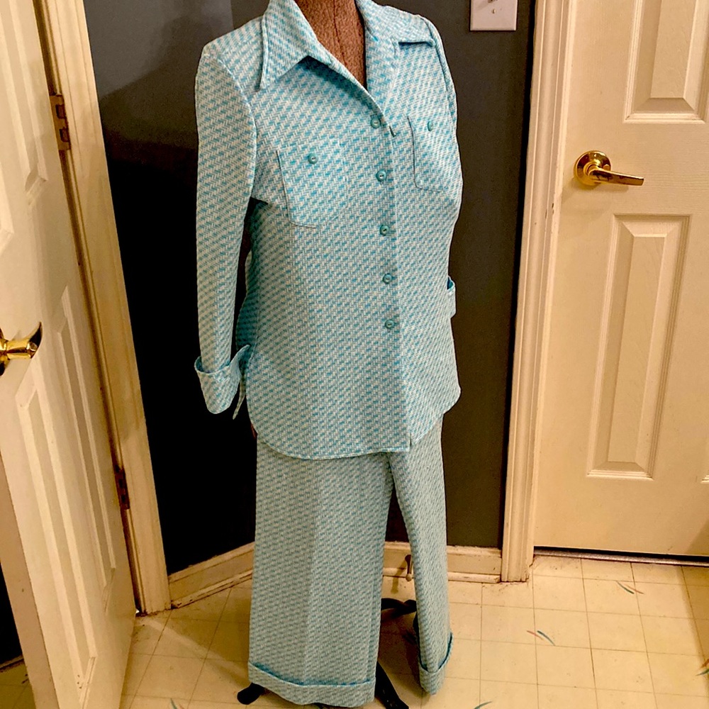 Vintage turquoise and white polyester suit. Fabulous!